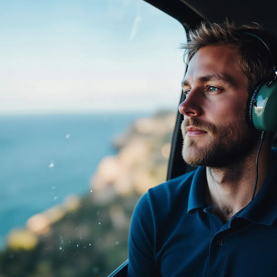 Passenger flying over Sicilian coastline by private helicopter